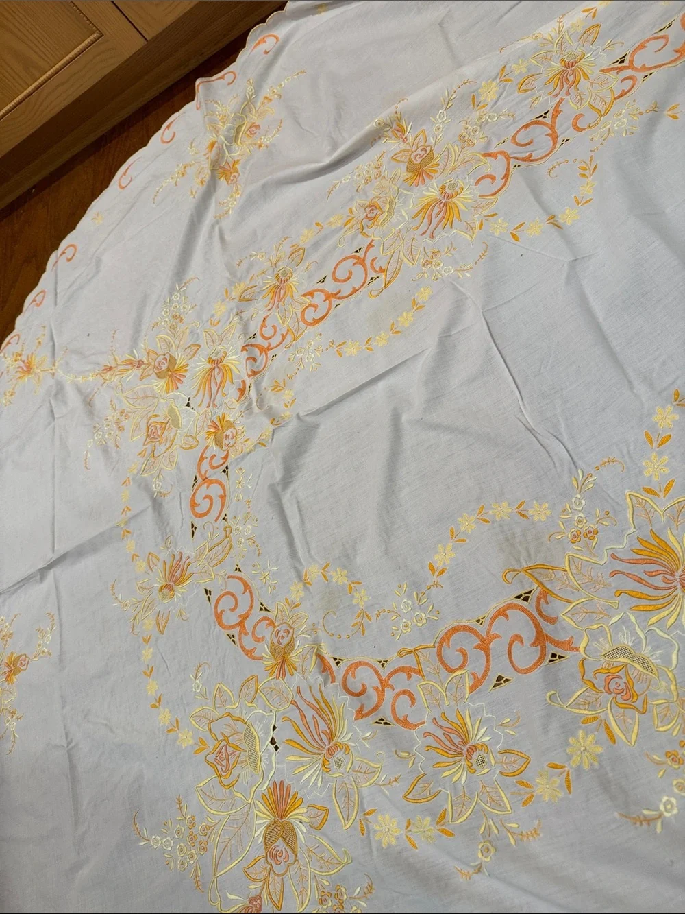 White vintage Tablecloth W/ Orange & Yellow Floral  Design. Size 114x64